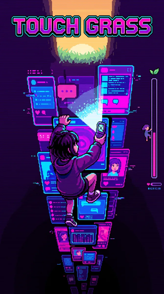 Nova climbing a neon tower of content cards beneath the TOUCH GRASS title.