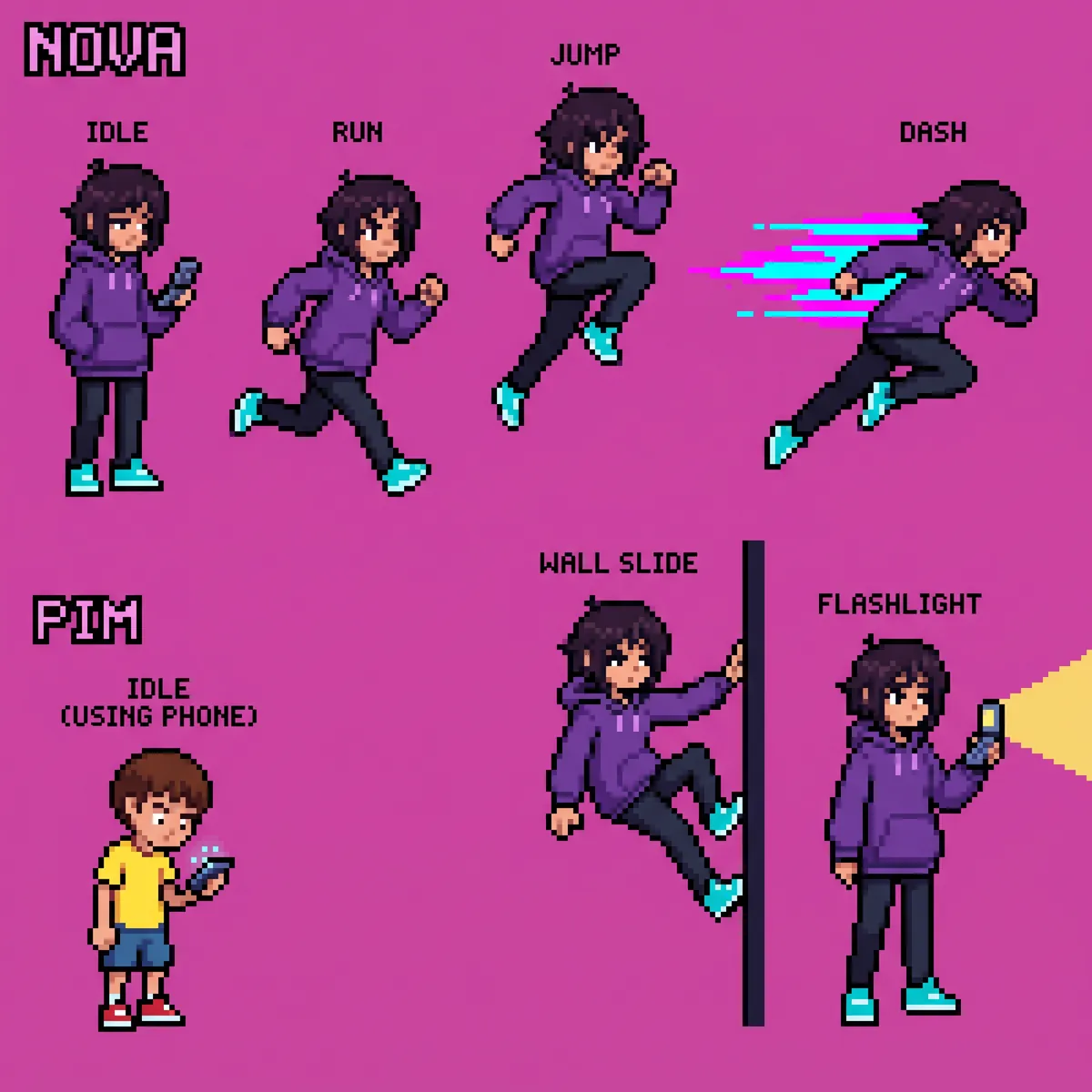 Early character study of Nova in a purple hoodie and her little brother Pim.