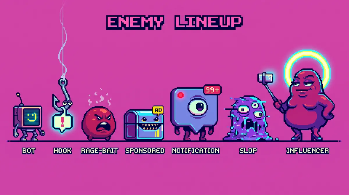 Early lineup of Bot, Hook, Rage-bait, Sponsored, Notification, Slop and Influencer.