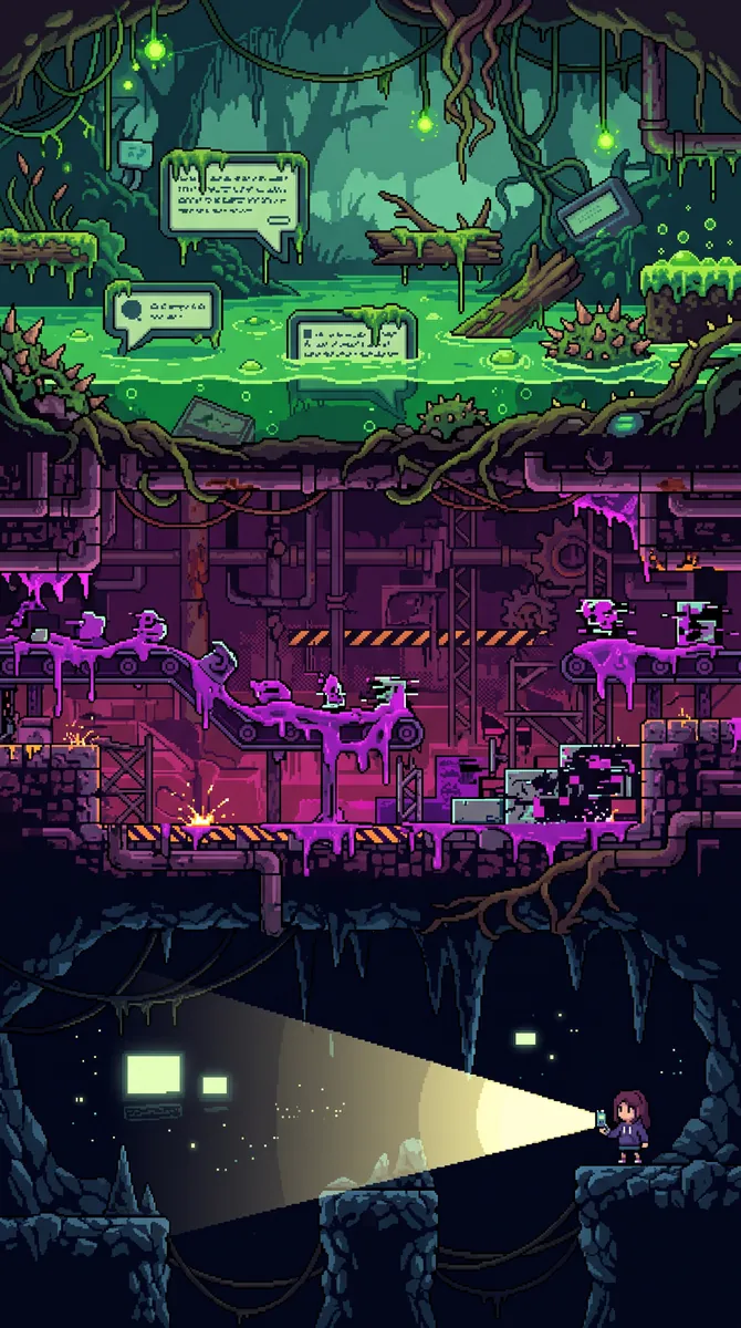 Environment studies of a green swamp, a purple factory and a dark vertical city.