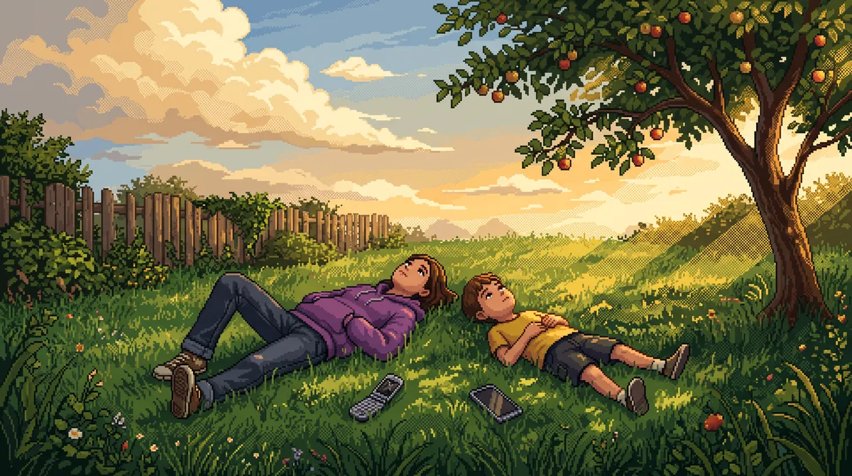 Nova and Pim lying in a garden at golden hour, with their phones in the grass.