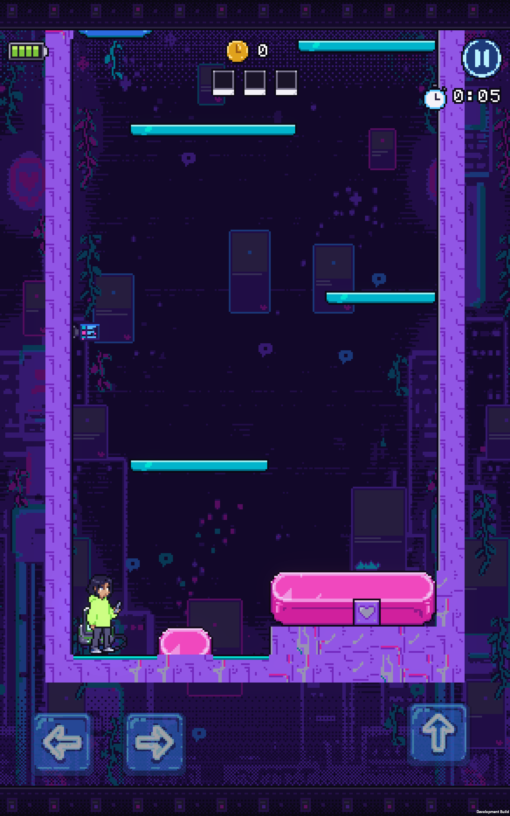 Nova at the start of Shorts Valley with pink terrain, cyan ledges and touch controls.