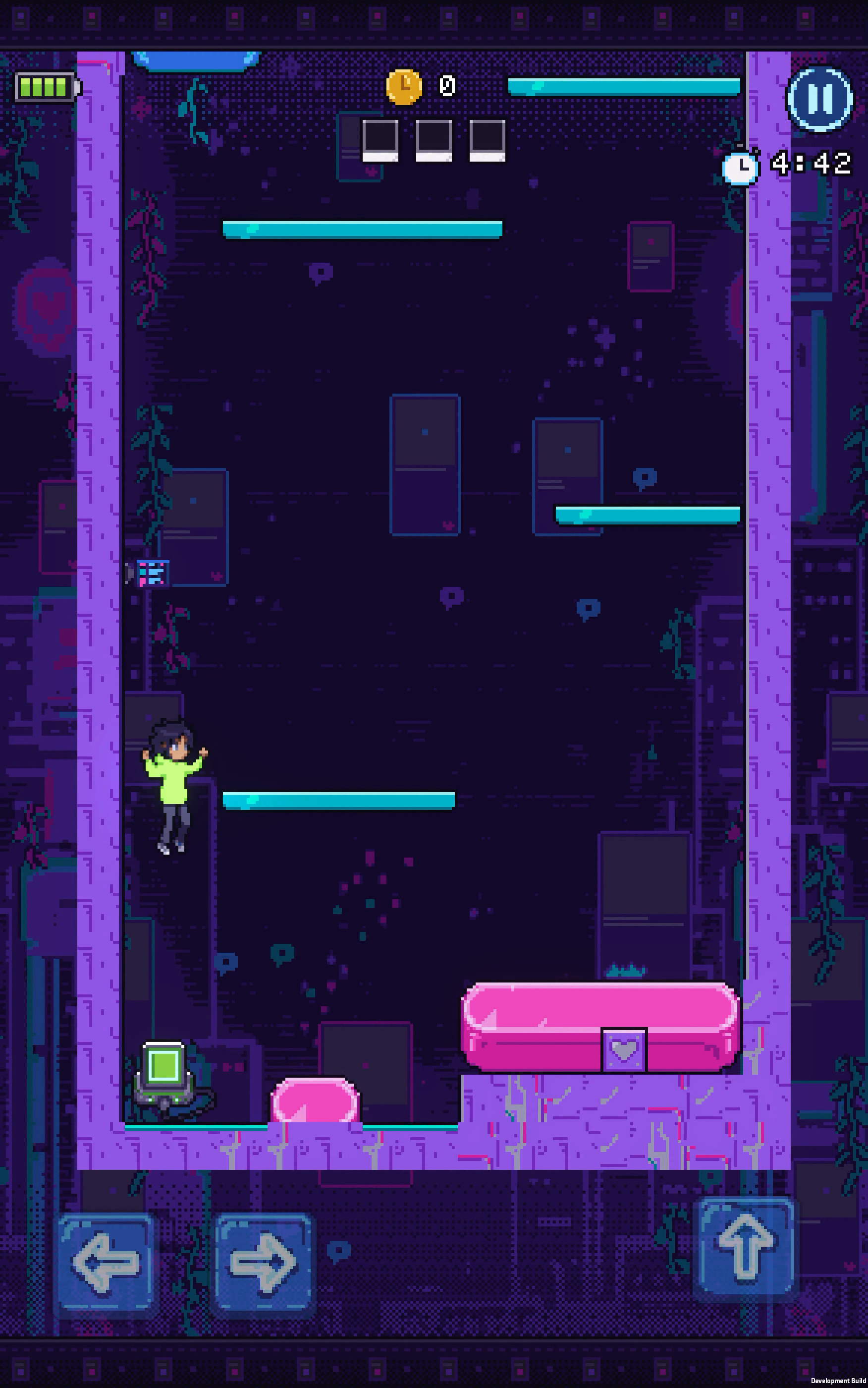 Nova mid-jump beside a cyan ledge in W1-1, with a green-screen Bot below her.