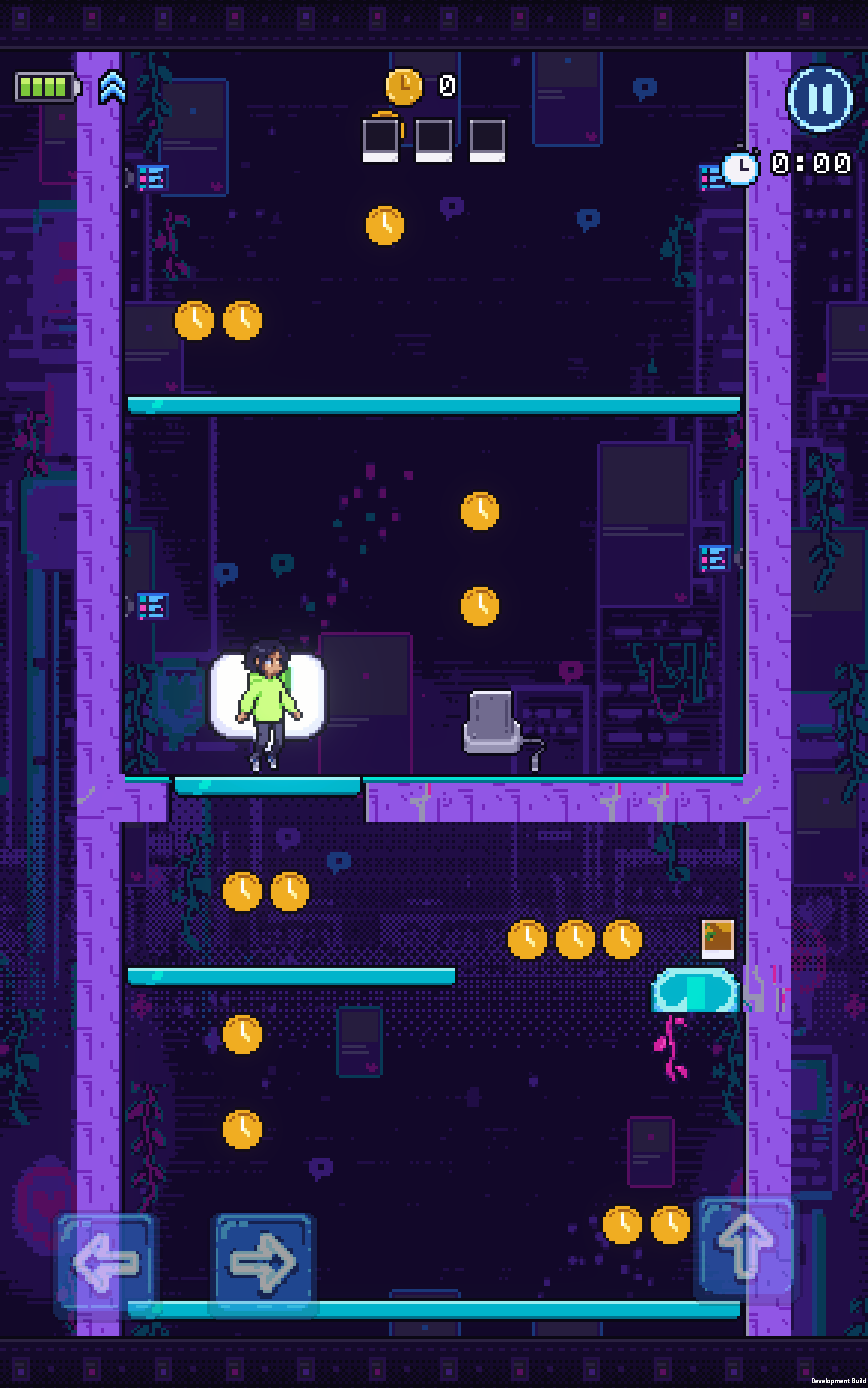 Nova on a cyan platform in Shorts Valley, with Minutes above her and animated screens along violet walls.