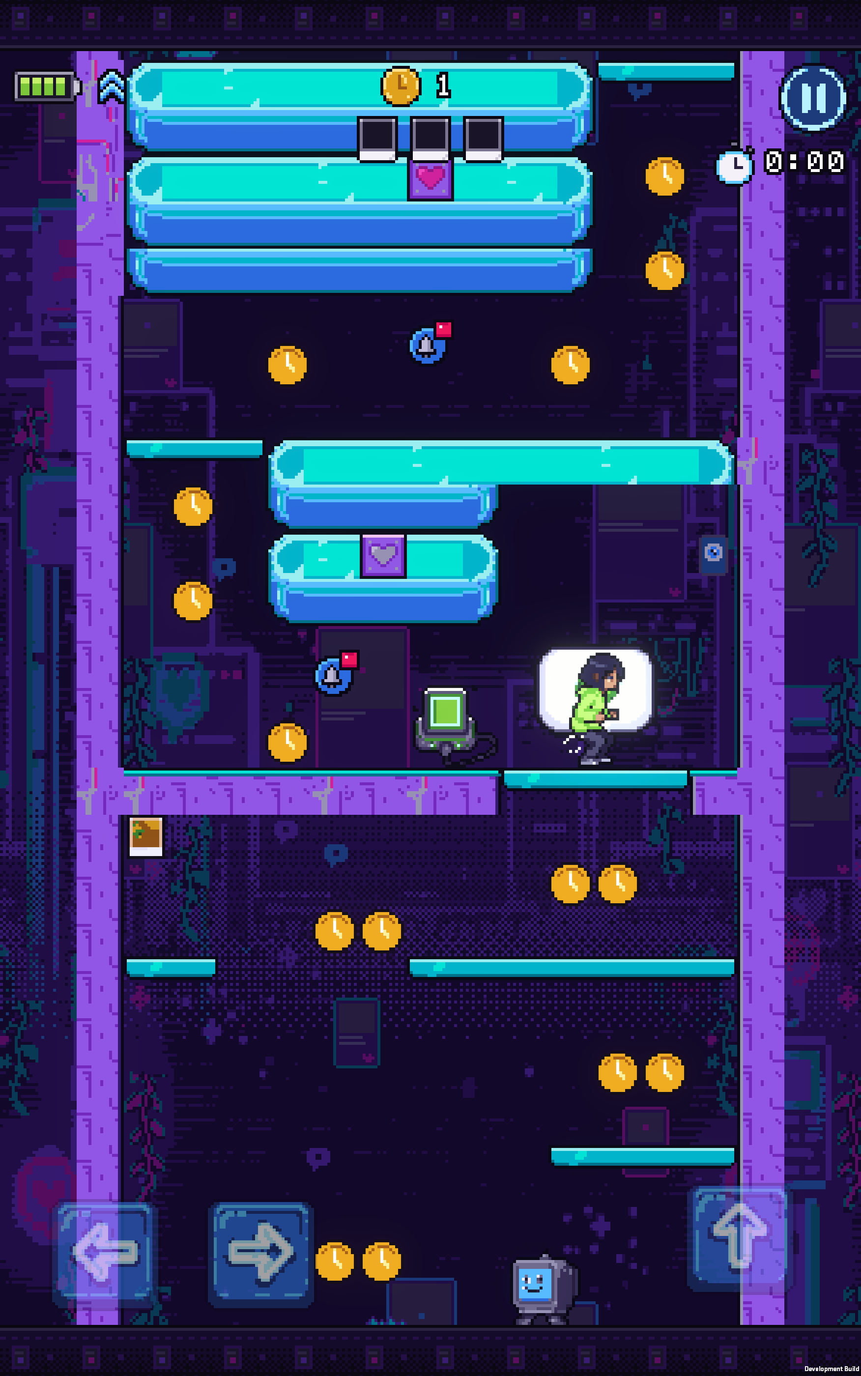 Nova below heart-marked platforms, with Notification bell badges and a watching eye on the wall.